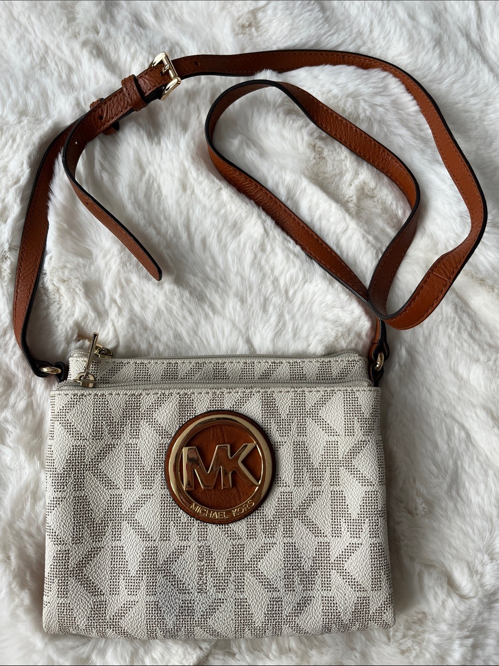 MICHAEL Michael Kors Cream MK Monogram Crossbody with Brown Leather Strap